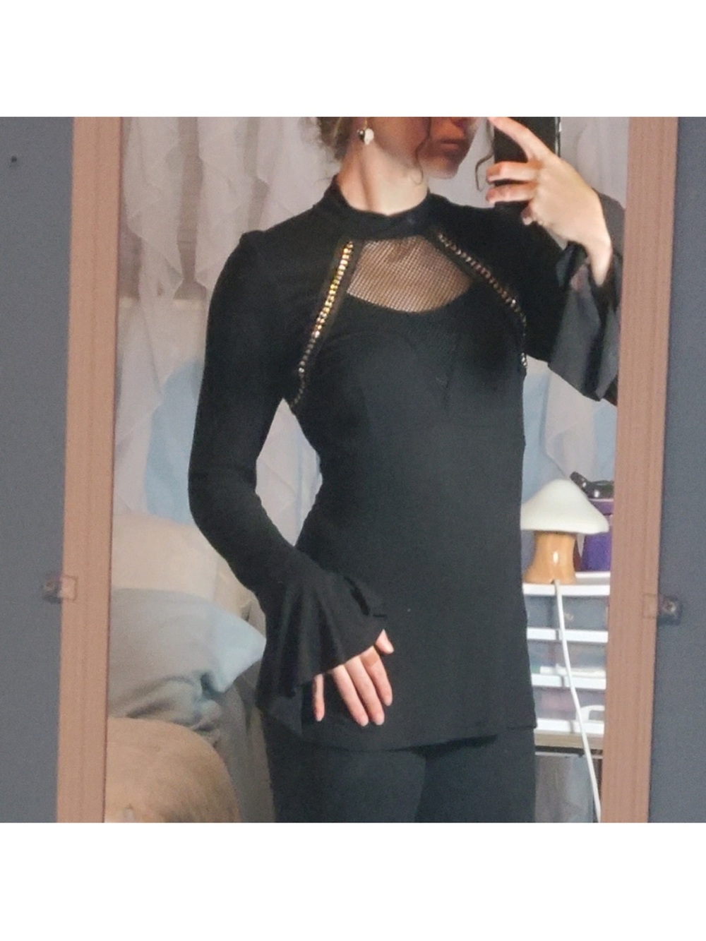 VENUS Black Long Sleeve Top with Mesh Yoke and Flared Cuffs